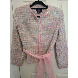 Tweed Jacket Size Small Pink Green Blue Sequins Fringe Blouse Jacket Top Scarf